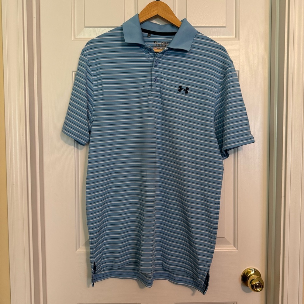 Under Armour Loose Heatgear Golf Polo Light Blue/Black Adult Men’s Size Medium‎